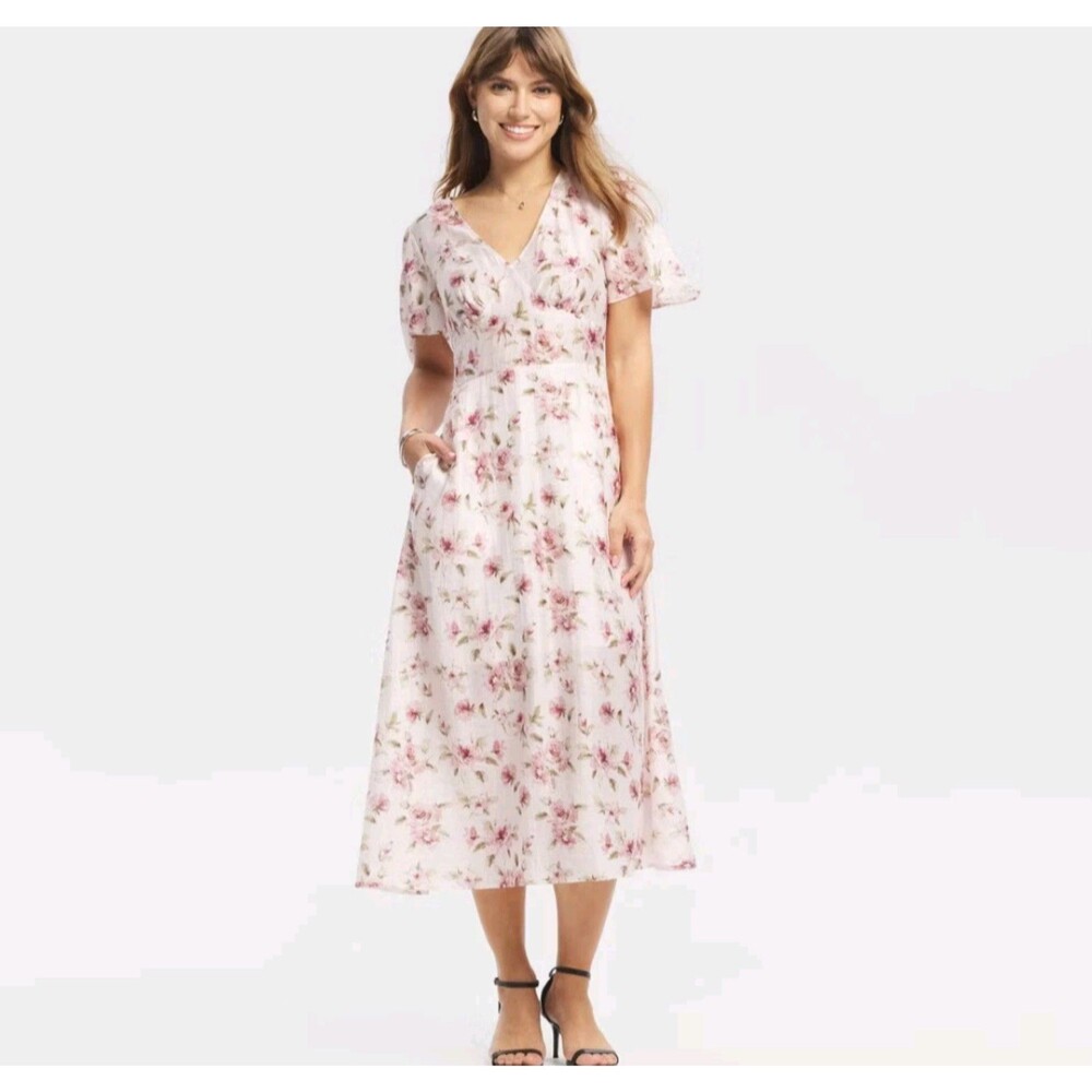 Women's A New Day Flutter Short Sleeve Midi Dress Light Pink Floral Medium